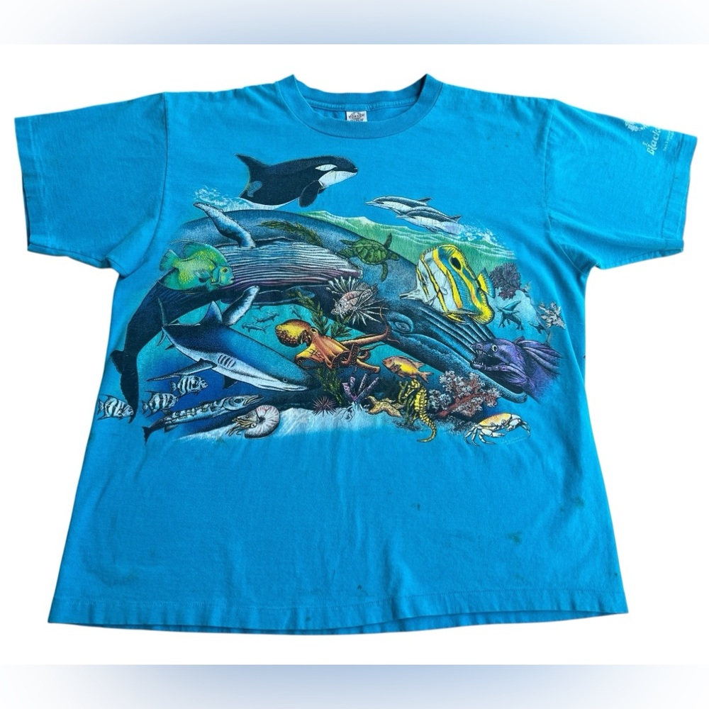 VTG 90s Sea Ocean Double-Sided Graphic T-Shirt Single Stitch XL Eel Whale Fish